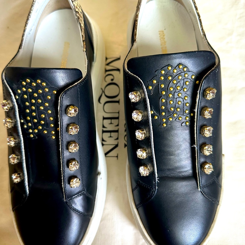 Roberto Cavalli  Black and Gold Studded Sneakers